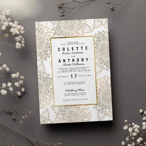 Geometric glam white gold floral mandala Wedding  Invitation