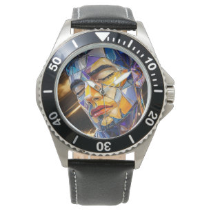 Geometric Glass Portrait – Modern Abstract Male Fa Watch