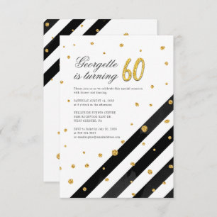 Geometric Glitter Black White Stripe 60th Birthday Invitation