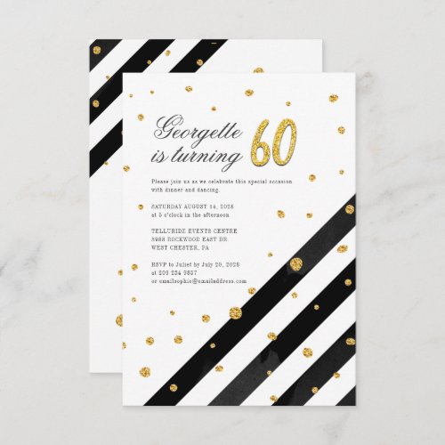 Geometric Glitter Black White Stripe 60th Birthday Invitation