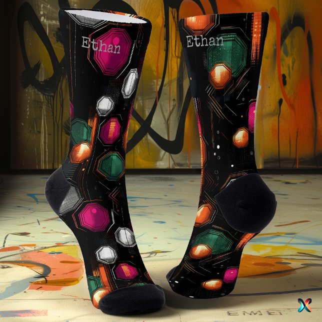 Geometric Glow in Emerald, Magenta on Black Socks (Creator Uploaded)