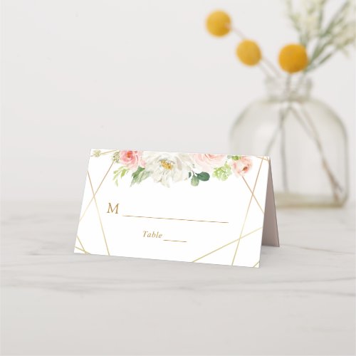 Geometric gold and blush floral wedding place card