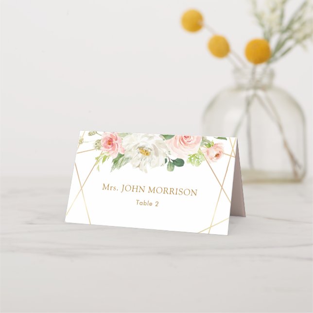 Geometric gold and blush floral wedding place card (Front)