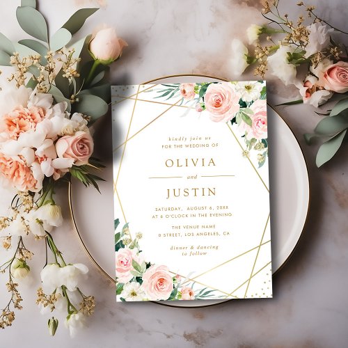 geometric gold and pink blush floral wedding invitation