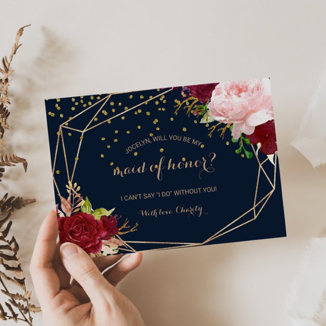 Geometric Gold and Red Tropical Maid of Honor Invitation Postcard (Creator Uploaded)