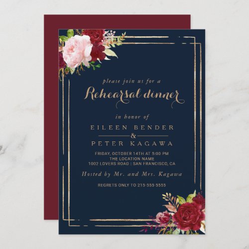 Geometric Gold and Red Tropical Rehearsal Dinner Invitation