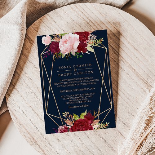 Geometric Gold and Red Tropical Wedding Invitation