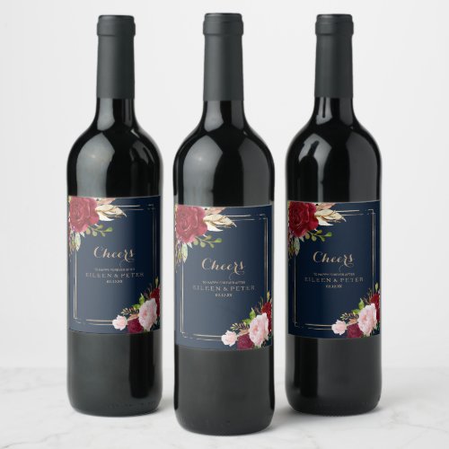 Geometric Gold and Red Tropical Wedding Wine Label