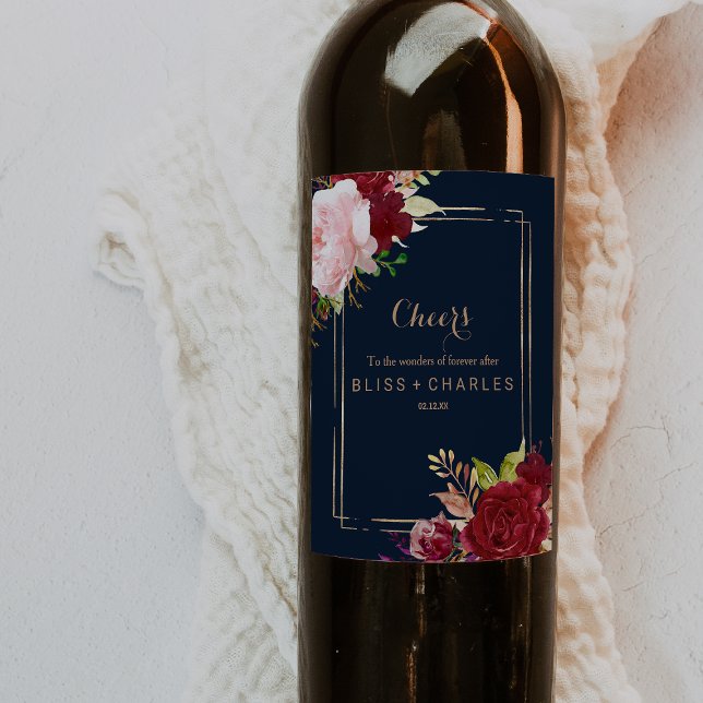 Geometric Gold and Red Tropical Wedding Wine Label (Creator Uploaded)