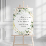 geometric gold and white floral wedding sign<br><div class="desc">A floral wedding design with painted white watercolor flowers and a gold frame.  The text and colors on this wedding sign poster can be edited.</div>