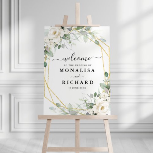 geometric gold and white floral wedding sign
