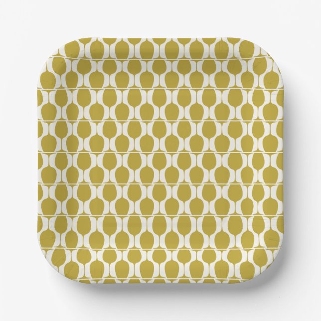 Geometric Gold and White Wine Glass Paper Plates (Front)