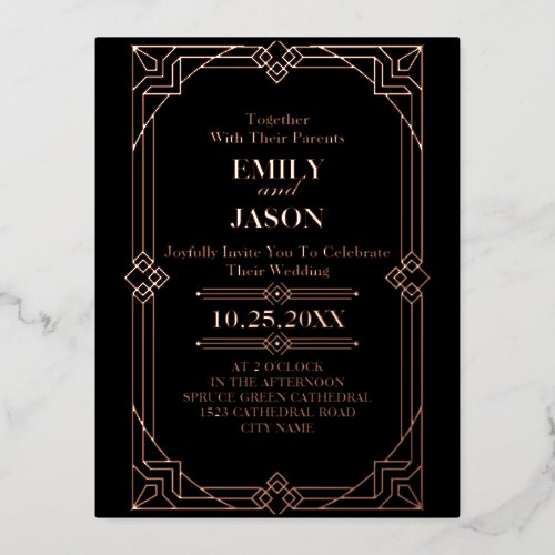 Geometric Gold black great gatsby Art Deco wedding Foil Invitation Postcard