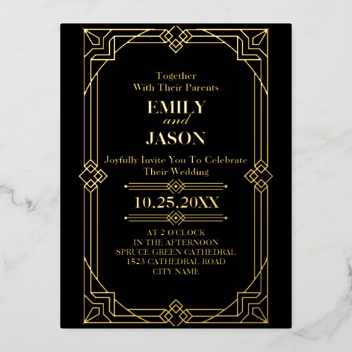 Geometric Gold black great gatsby Art Deco wedding Foil Invitation Postcard