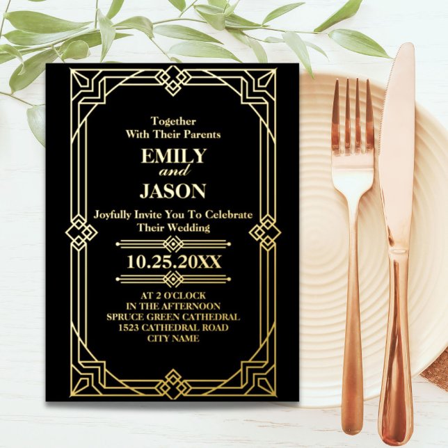 Geometric Gold black great gatsby Art Deco wedding Foil Invitation Postcard (Geometric Gold black great gatsby Art Deco wedding Foil Invitation Postcard)