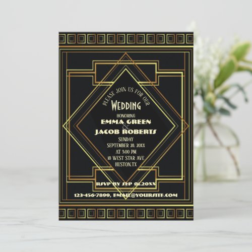 Geometric Gold black great gatsby Art Deco wedding Invitation