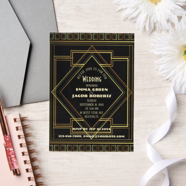 Geometric Gold black great gatsby Art Deco wedding Vellum Invitations (Wedding)