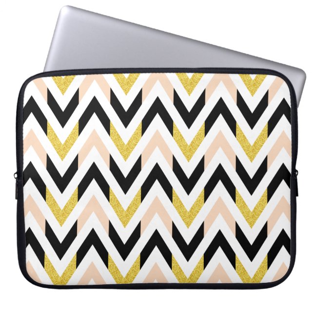 Geometric Gold, Black, White, Peachy Pink Pattern Laptop Sleeve (Front)