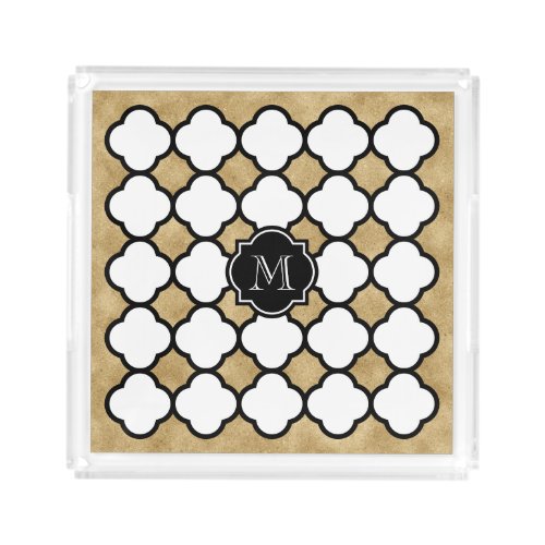 Geometric Gold Black White Quatrefoil Monogram Acrylic Tray