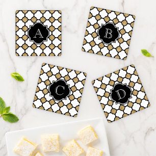 Geometric Gold Black White Quatrefoil Monogram Coaster Set