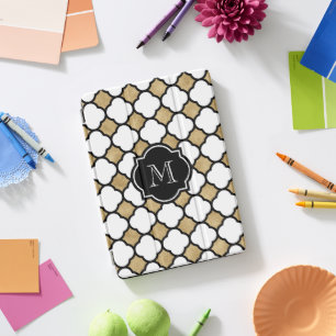 Geometric Gold Black White Quatrefoil Monogram iPad Pro Cover