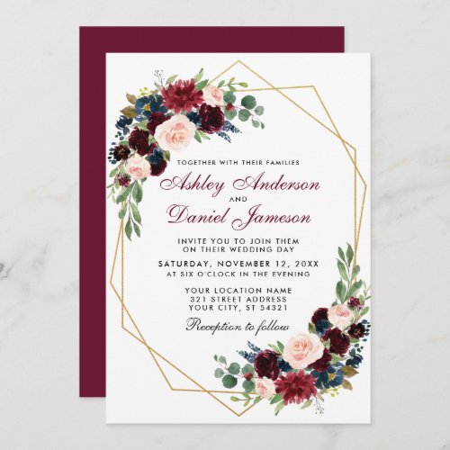 Geometric Gold Blue Burgundy Floral Wedding BR Invitation