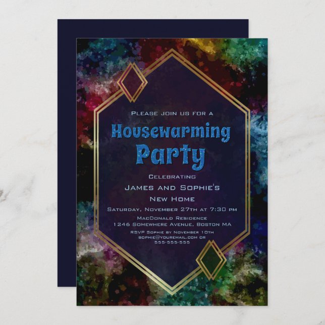 Geometric Gold Blue Glitter Housewarming Party Invitation (Front/Back)