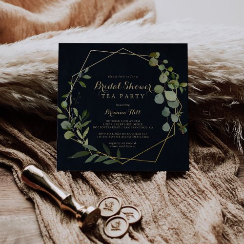 Geometric Gold Blue Green Bridal Shower Tea Party  Invitation