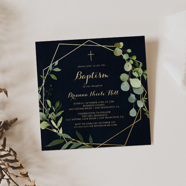 Geometric Gold Blue Green Calligraphy Baptism  Invitation (Creator Uploaded)