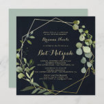 Geometric Gold Blue Green Calligraphy Bat Mitzvah Invitation<br><div class="desc">This geometric gold blue green calligraphy bat mitzvah invitation is perfect for a simple bat mitzvah. The design features hand-painted beautiful green leaves in a dark blue background,  adorning a gold geometric frame.</div>