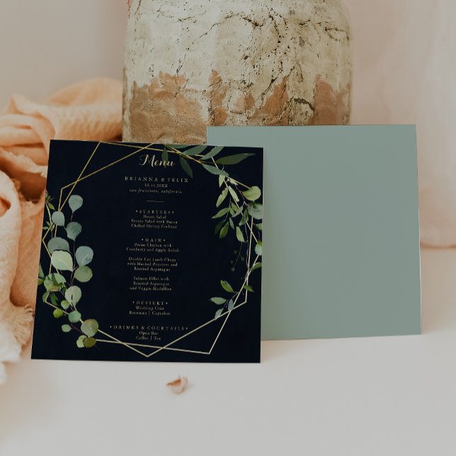 Geometric Gold Blue Green Calligraphy Dinner Menu (Creator Uploaded)