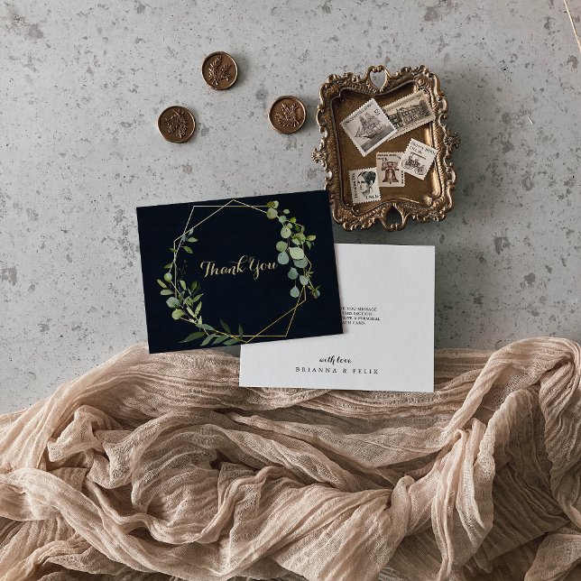 Geometric Gold Blue Green Eucalyptus Flat Wedding Thank You Card (Creator Uploaded)