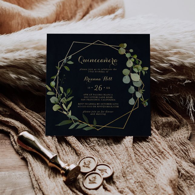 Geometric Gold Blue Green Eucalyptus Quinceañera  Invitation (Creator Uploaded)