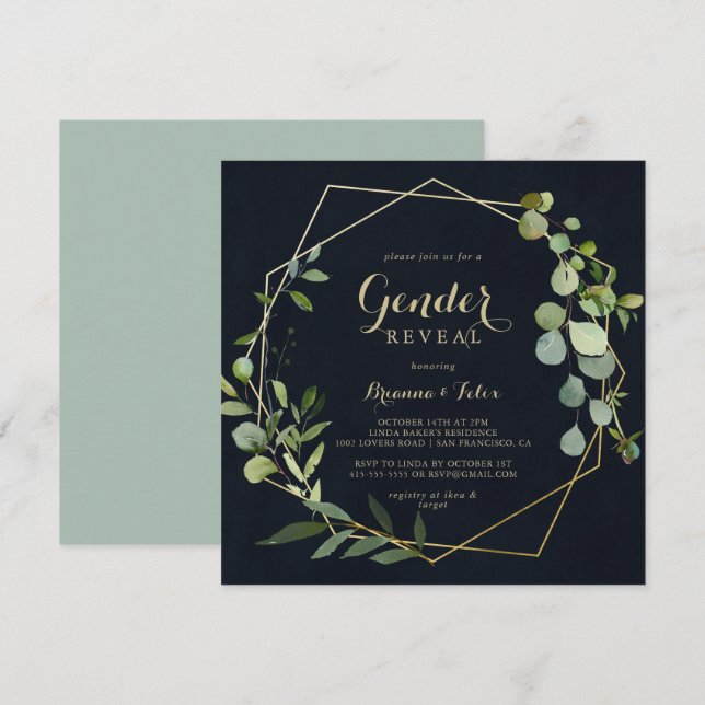 Geometric Gold Blue Green Gender Reveal Party  Invitation (Front/Back)