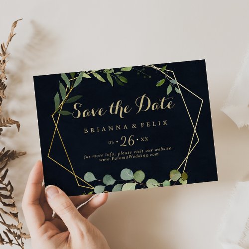 Geometric Gold Blue Green Horizontal Wedding  Save The Date