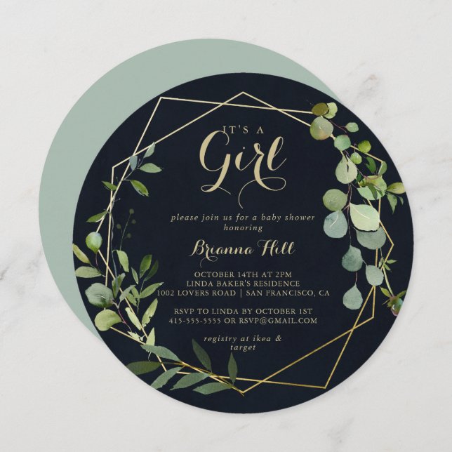 Geometric Gold Blue Green It's A Girl Baby Shower  Invitation (Front/Back)