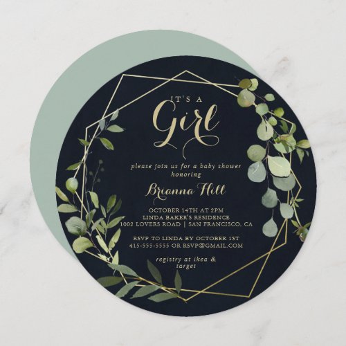 Geometric Gold Blue Green Its A Girl Baby Shower  Invitation