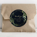 Geometric Gold Blue Green Thank You Wedding Favor  Classic Round Sticker<br><div class="desc">This geometric gold blue green thank you wedding favor classic round sticker is perfect for a simple wedding. The design features hand-painted beautiful green leaves in a dark blue background, adorning a gold geometric frame. Make the sticker labels your own by including your names, the event (if applicable), and the...</div>