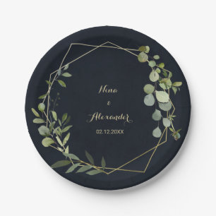 Geometric Gold Blue Green Wedding Paper Plate
