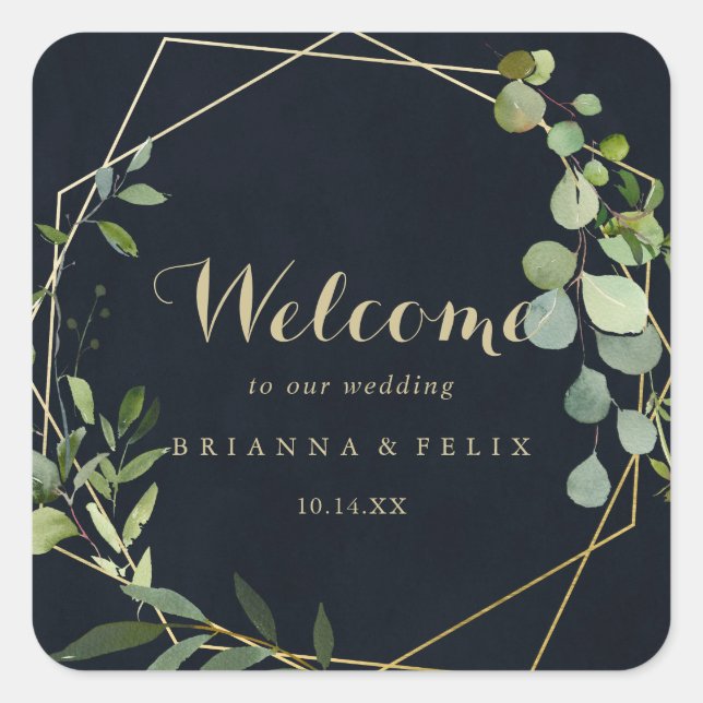 Geometric Gold Blue Green Wedding Welcome  Square Sticker (Front)