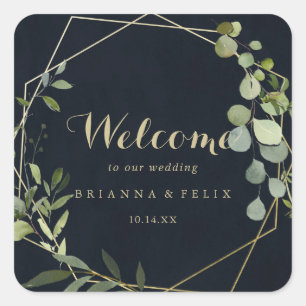 Geometric Gold Blue Green Wedding Welcome Square Sticker