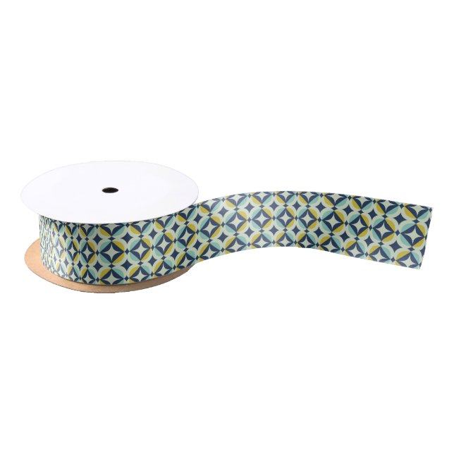 Geometric Gold & Blue Pattern Satin Ribbon (Spool)