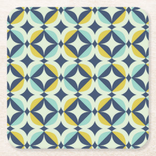 Geometric Gold & Blue Pattern Square Paper Coaster