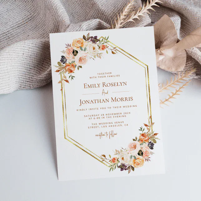 geometric gold blush fall floral earthtone wedding invitation | Zazzle