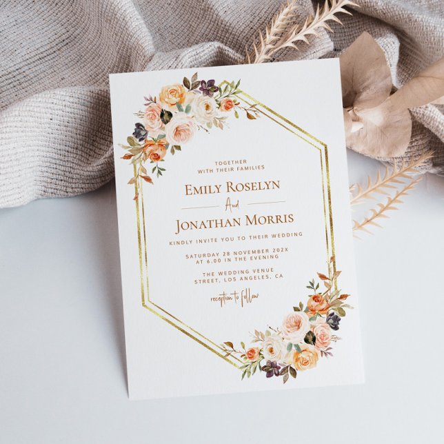 geometric gold blush fall floral earthtone wedding invitation (Creator Uploaded)