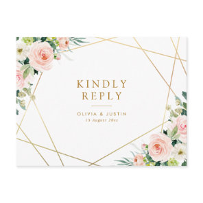 geometric gold & blush floral wedding RSVP Postcard