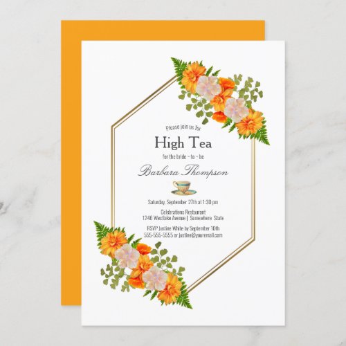 Geometric Gold Blush Orange Floral Bridal High Tea Invitation