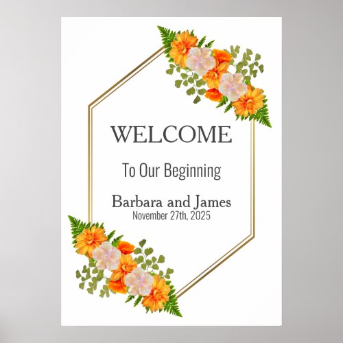 Geometric Gold Blush Orange Floral Wedding Poster