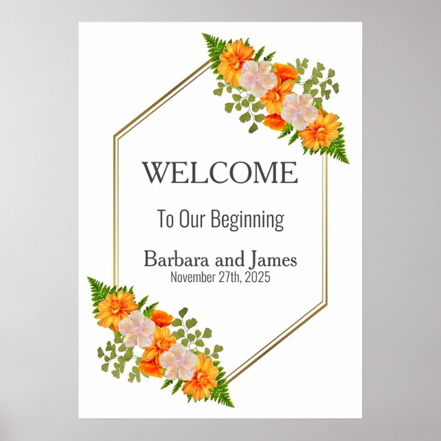 Geometric Gold Blush Orange Floral Wedding Poster (Front)