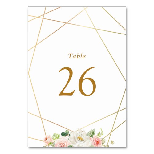 Geometric  gold  blush watercolor floral wedding table number